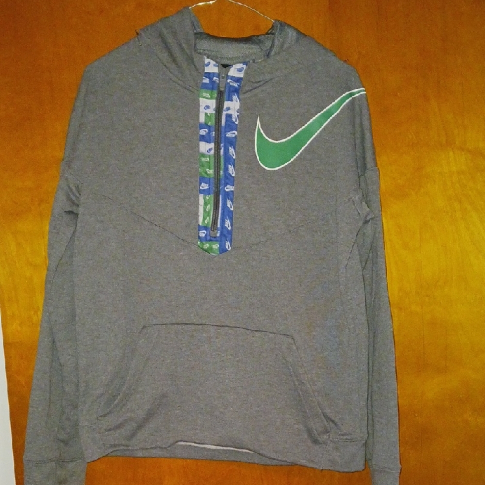 Nike Gray Hoodie with Green Swoosh and Blue Accents